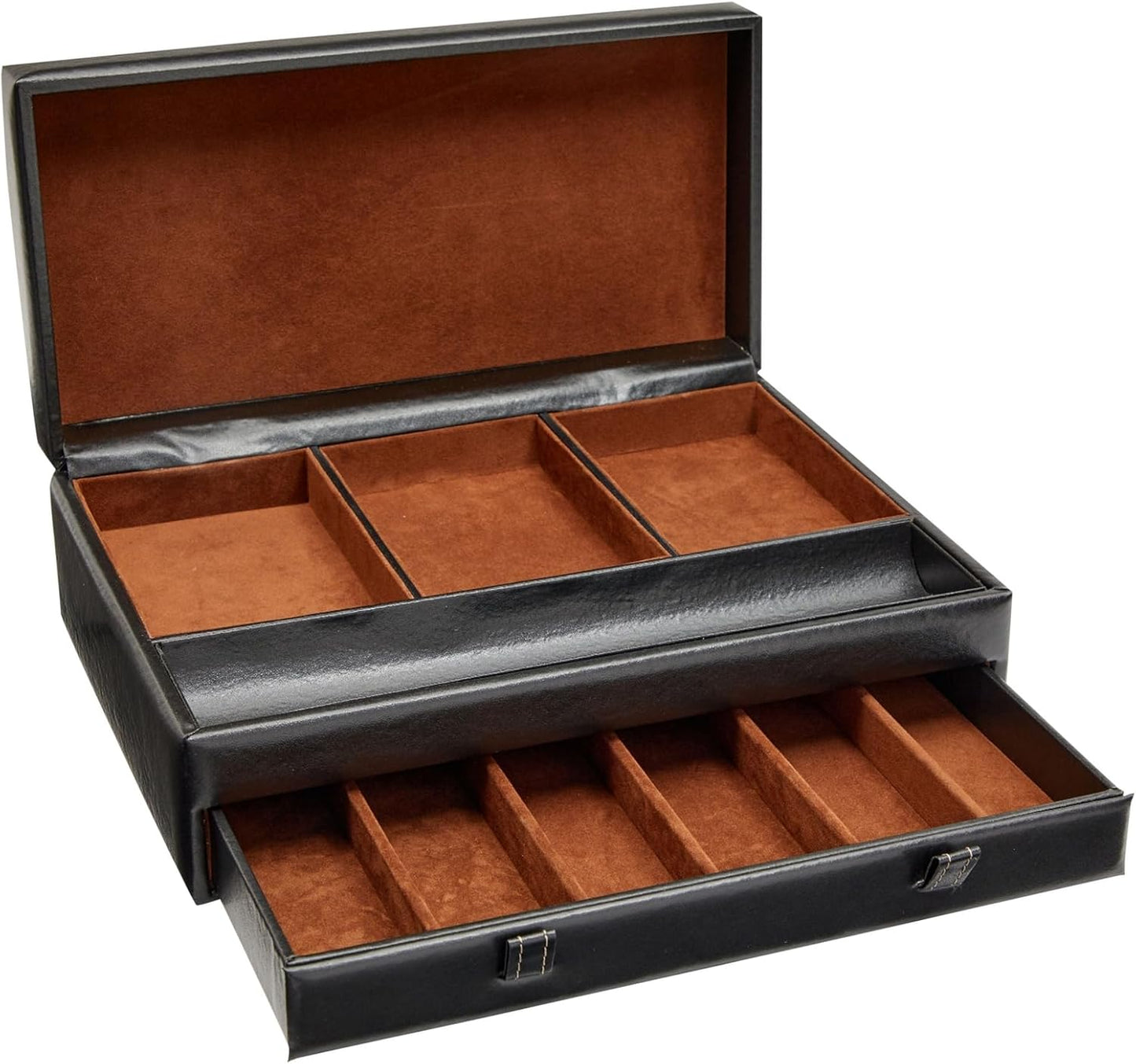 Jewelry Box Organizer and Holder - Black Watch Box with Leather Valet Tray for Home Improvement - 12.6 X 9 X 4 in - Mens Jewelry Organizer