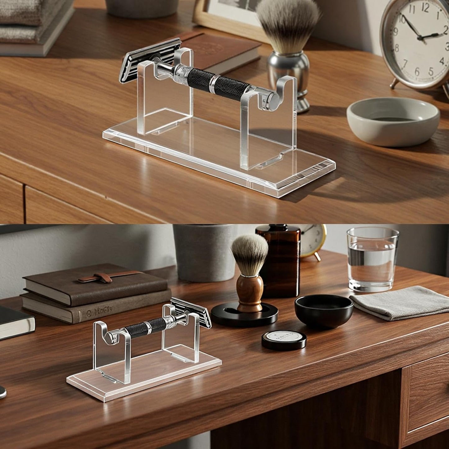2 Pcs Acrylic Men'S Razor Stand Holder Safety Razor Stand Stable Storage Bracket Shaving Brush Stands Bathroom Compatible with MK23C, Clear