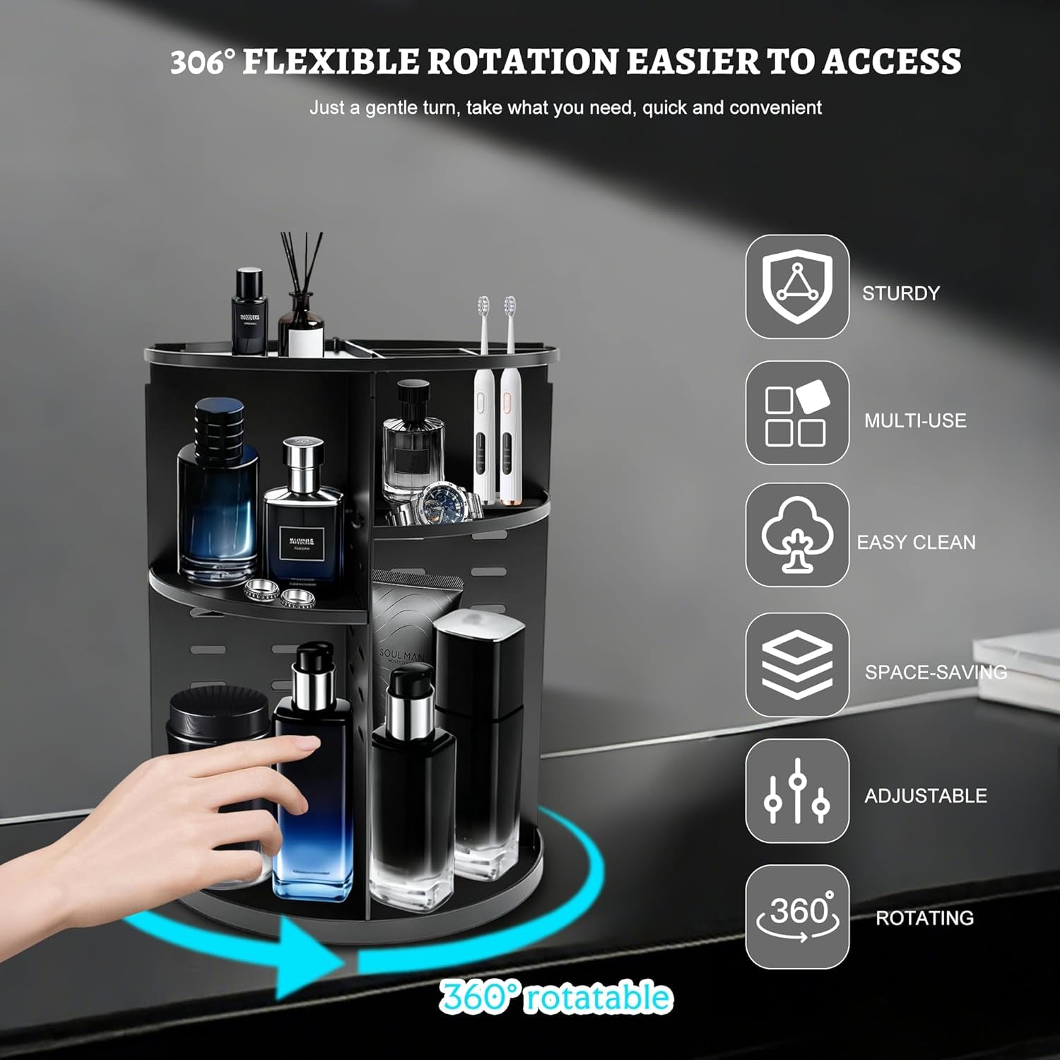 360-Degree Rotating Men's Cologne and Perfume Organizer - Bathroom and Dresser Counter Storage Solution