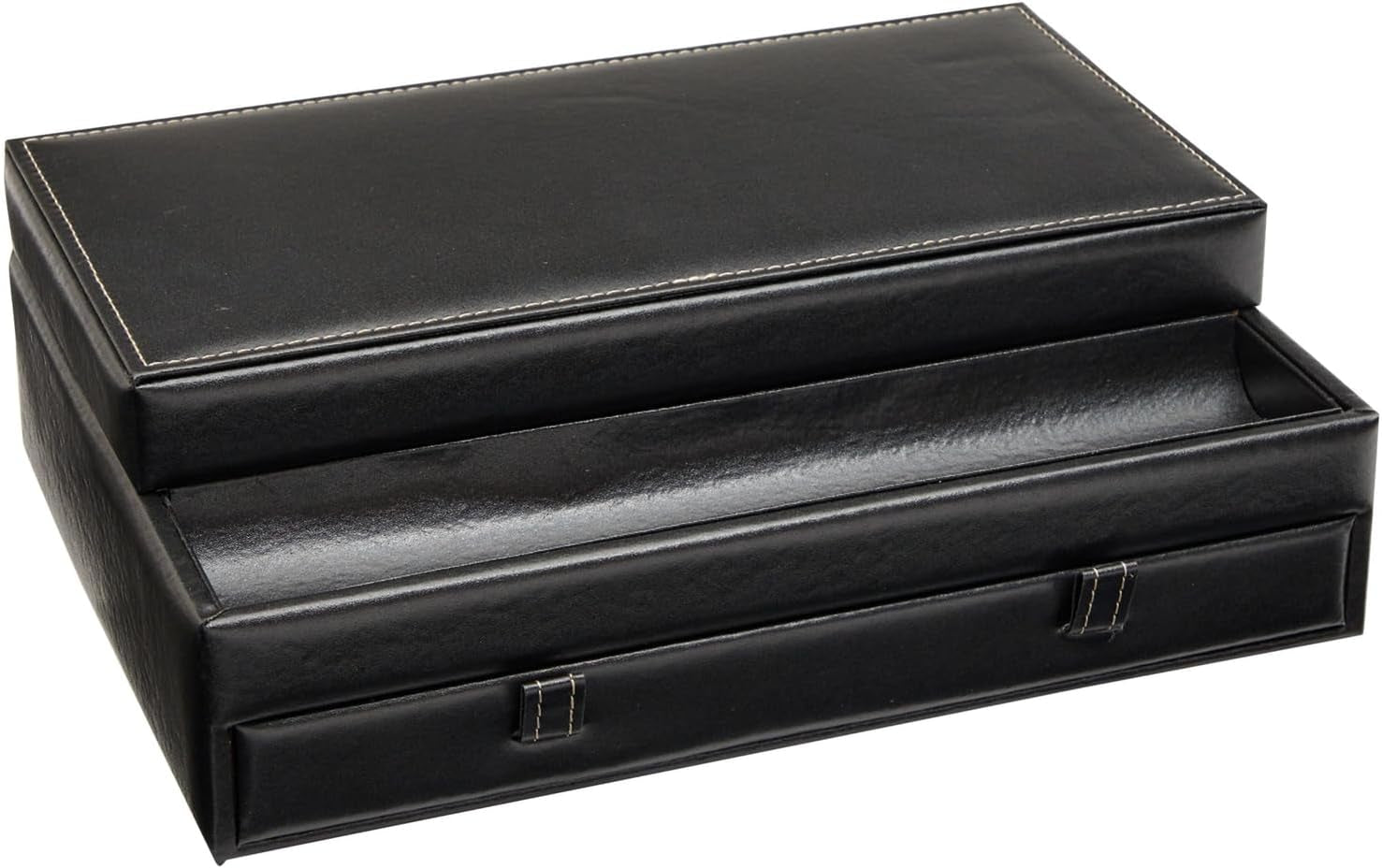 Jewelry Box Organizer and Holder - Black Watch Box with Leather Valet Tray for Home Improvement - 12.6 X 9 X 4 in - Mens Jewelry Organizer