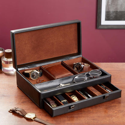 Jewelry Box Organizer and Holder - Black Watch Box with Leather Valet Tray for Home Improvement - 12.6 X 9 X 4 in - Mens Jewelry Organizer