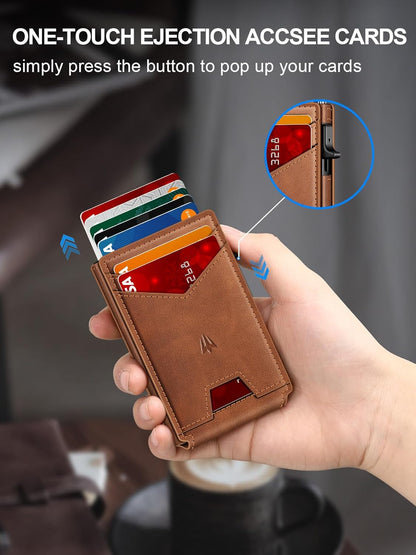 Wallet for Men, Slim Minimalist Wallet with Money Clip＆Id Window, RFID Blocking Pop-Up Credit Card Holder, Smart Auminum Mens Wallet Holds 9-13 Cards (Gift Box) (Brown)