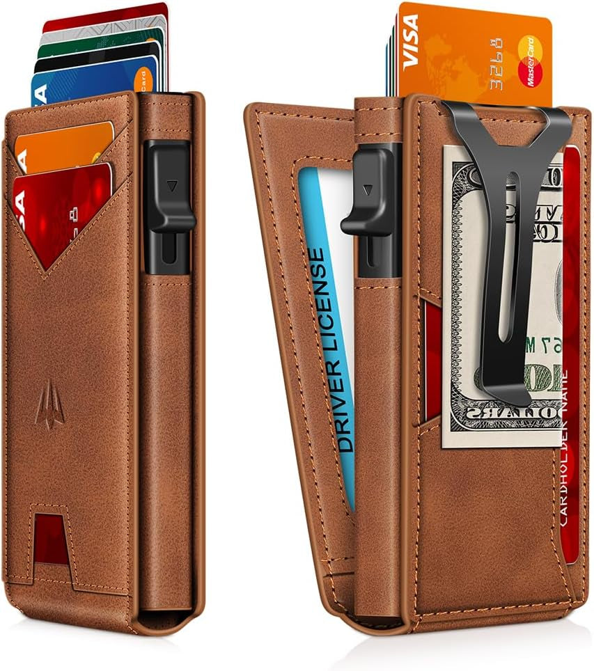 Wallet for Men, Slim Minimalist Wallet with Money Clip＆Id Window, RFID Blocking Pop-Up Credit Card Holder, Smart Auminum Mens Wallet Holds 9-13 Cards (Gift Box) (Brown)