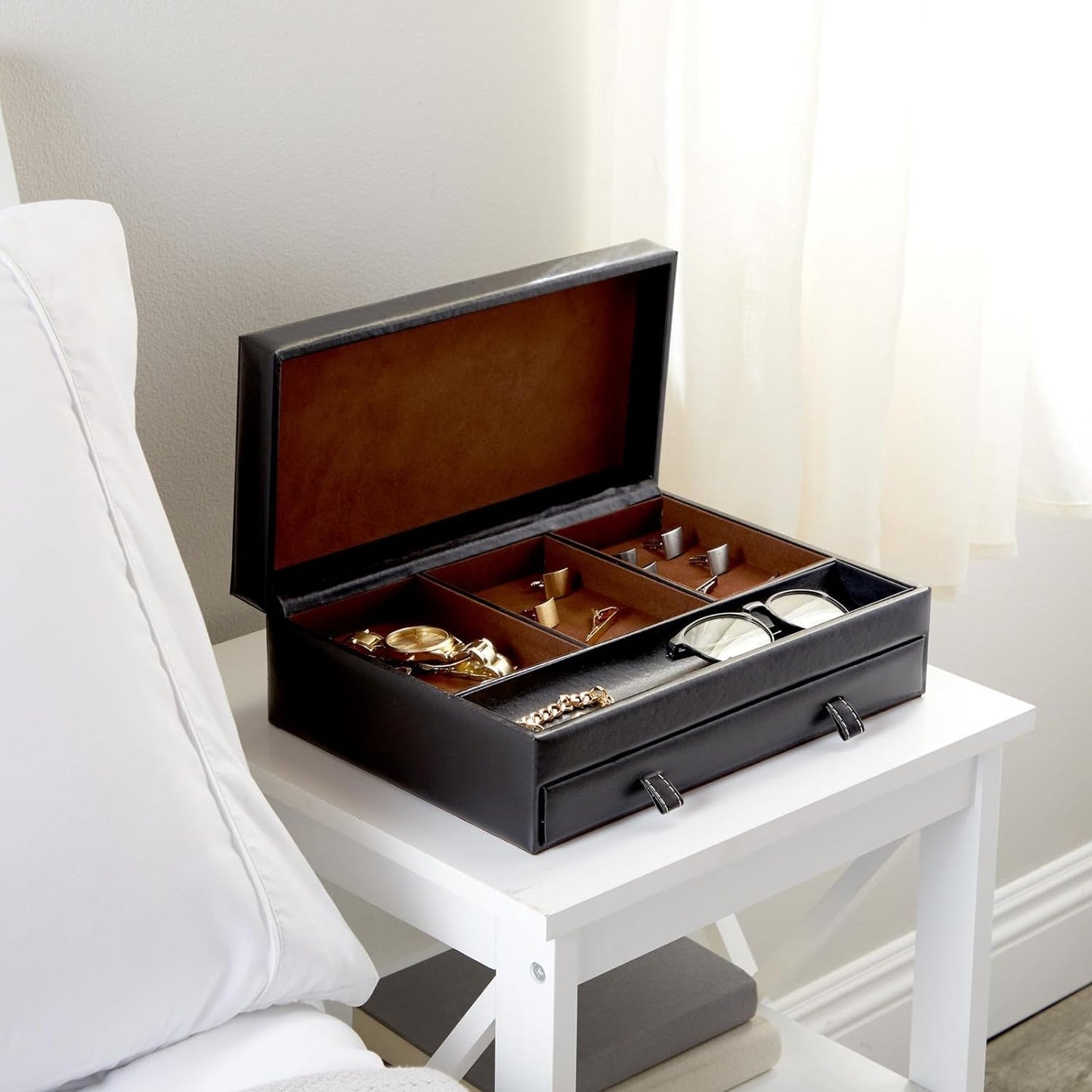 Jewelry Box Organizer and Holder - Black Watch Box with Leather Valet Tray for Home Improvement - 12.6 X 9 X 4 in - Mens Jewelry Organizer