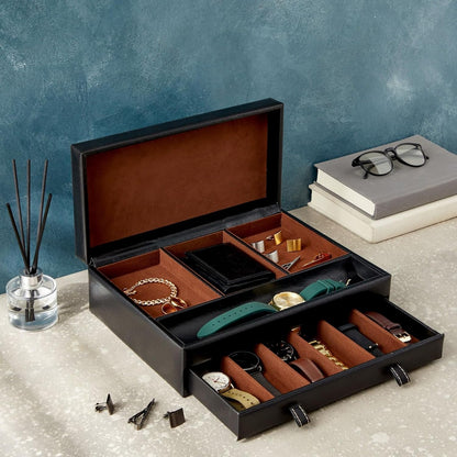 Jewelry Box Organizer and Holder - Black Watch Box with Leather Valet Tray for Home Improvement - 12.6 X 9 X 4 in - Mens Jewelry Organizer