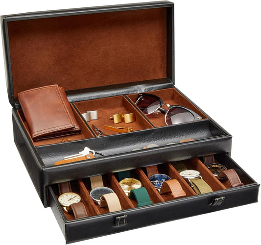 Jewelry Box Organizer and Holder - Black Watch Box with Leather Valet Tray for Home Improvement - 12.6 X 9 X 4 in - Mens Jewelry Organizer