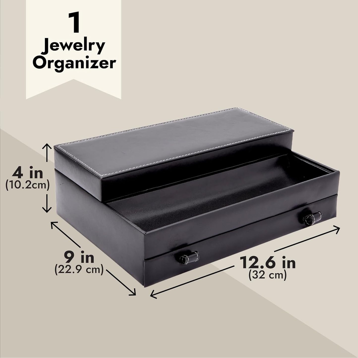 Jewelry Box Organizer and Holder - Black Watch Box with Leather Valet Tray for Home Improvement - 12.6 X 9 X 4 in - Mens Jewelry Organizer