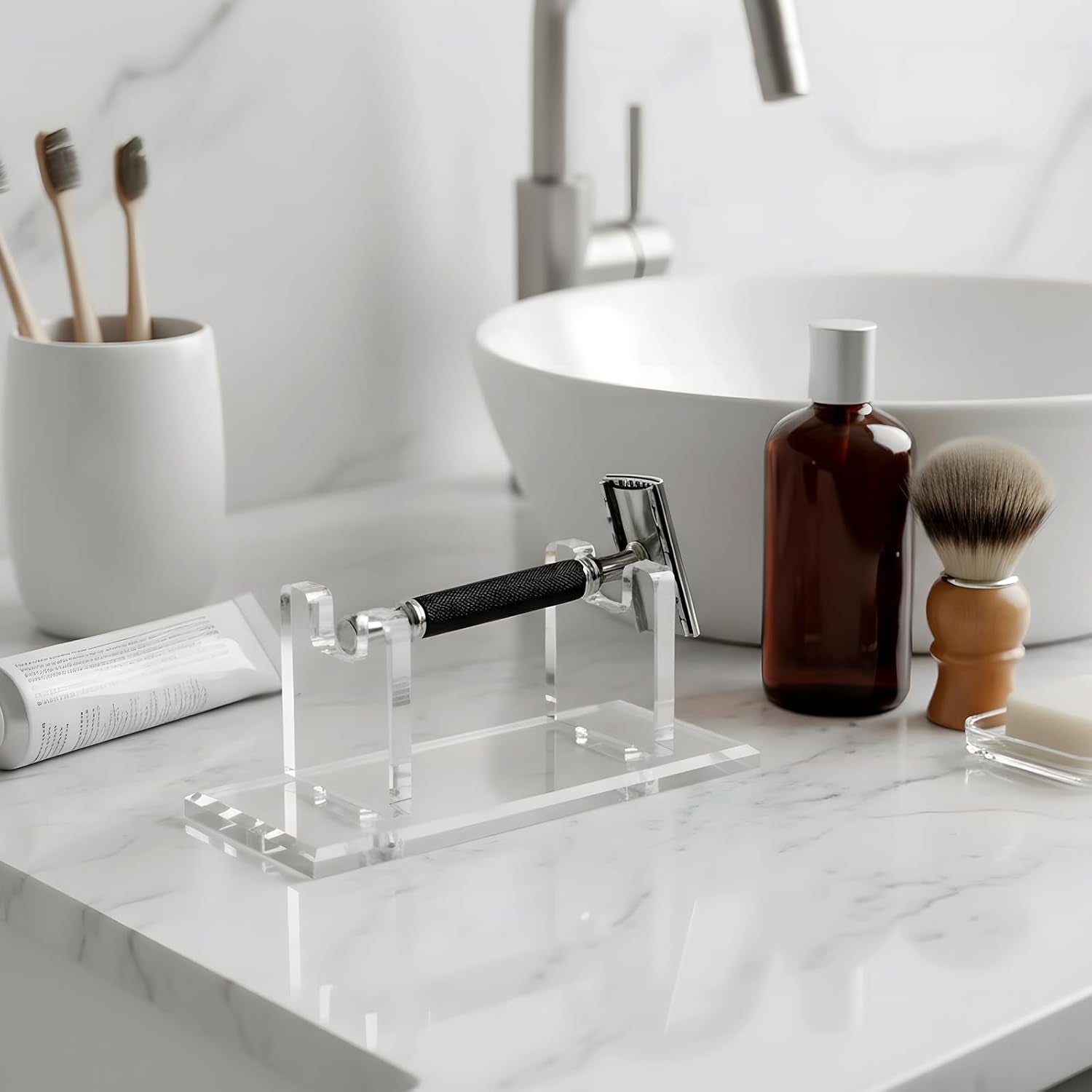 2 Pcs Acrylic Men'S Razor Stand Holder Safety Razor Stand Stable Storage Bracket Shaving Brush Stands Bathroom Compatible with MK23C, Clear